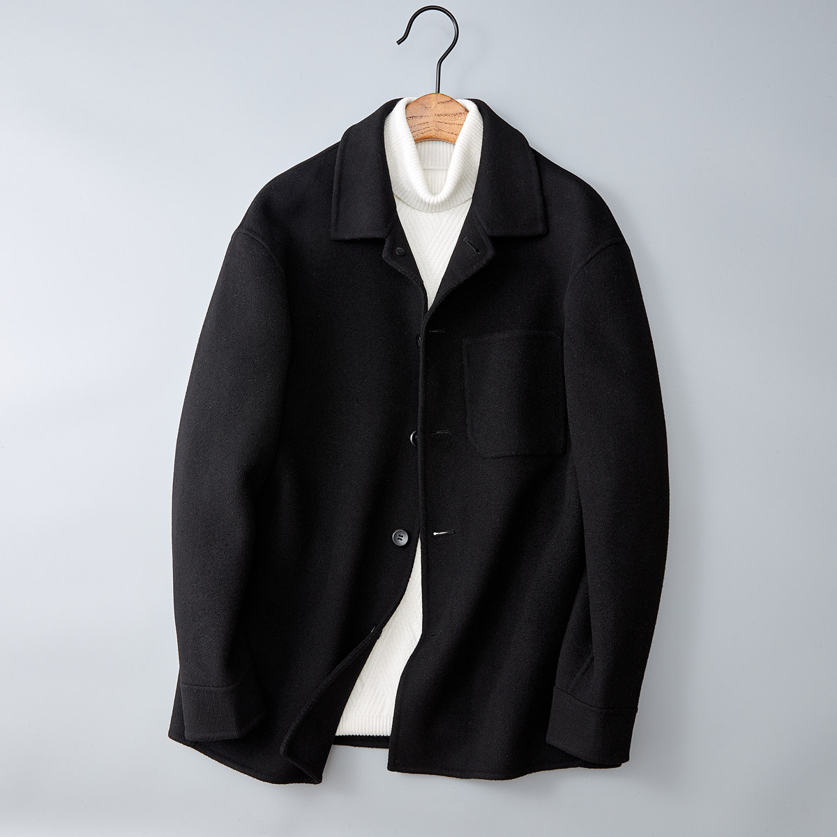 普洛克正品 毛呢夹克加厚双面呢翻领上衣秋冬厚款黑/驼休闲外套