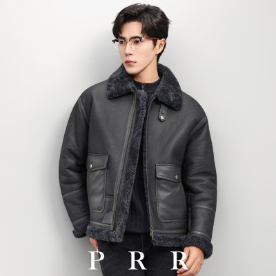 普洛克正品 态皮毛一体外套男真皮皮衣翻领机车皮夹克羊羔毛皮草