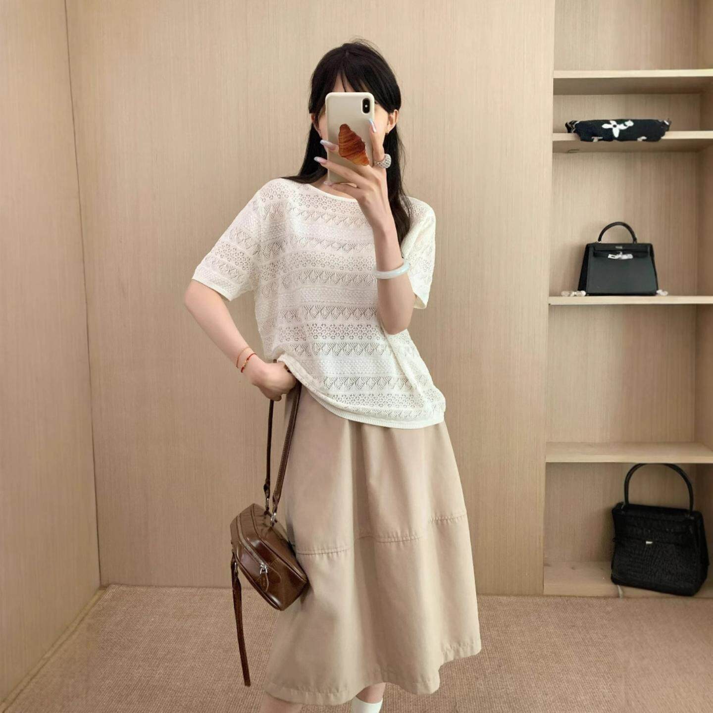 普洛克正品女装 设计镂空短袖针织衫薄夏圆领宽松高级感纯欲风T恤