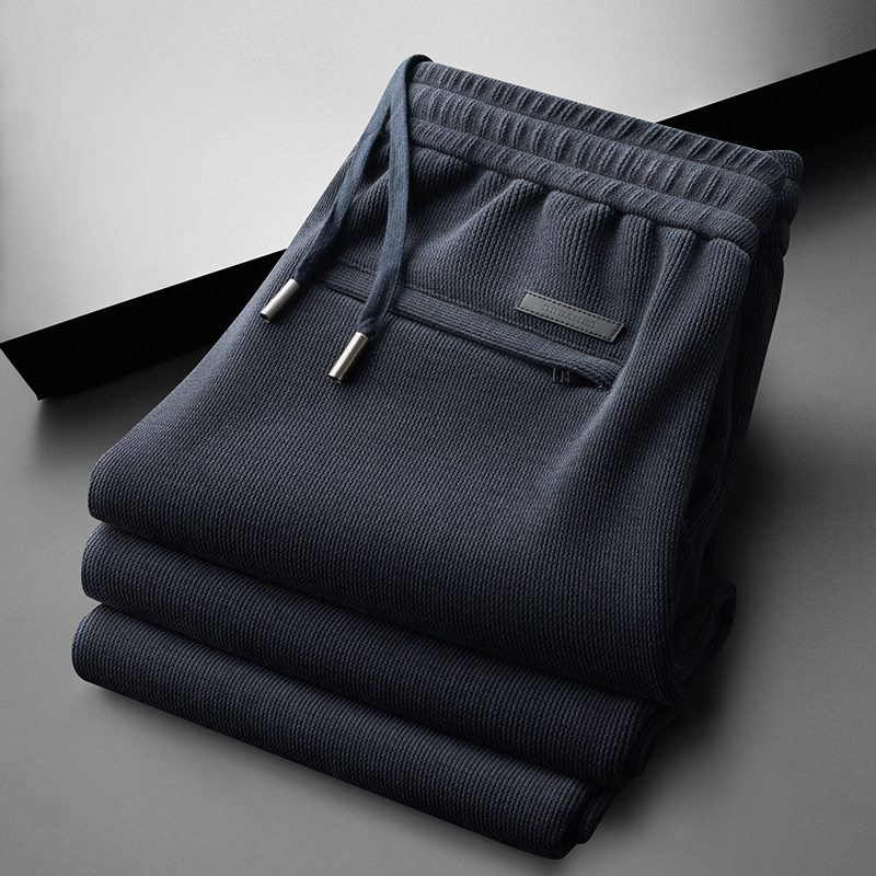 普洛克正品 春秋冬厚款宽松阔腿裤海草纹雪尼尔松紧腰中爸爸男裤