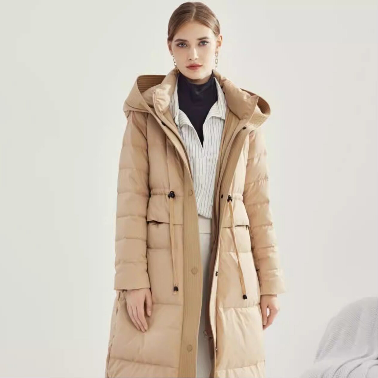 普洛克正品 女鹅绒羽绒服轻薄连帽中长款90白鹅绒秋冬中长款外套