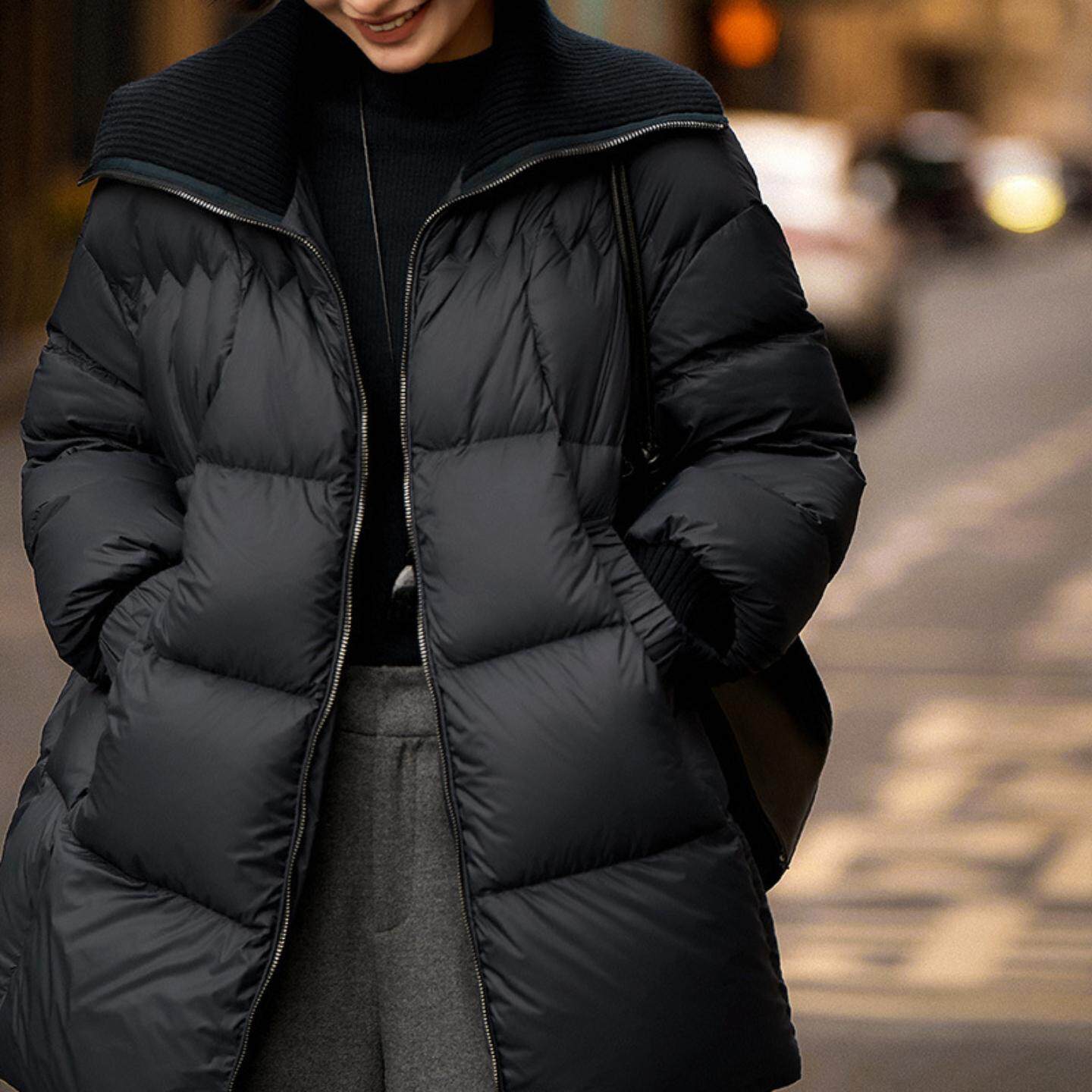 普洛克正品 鹅绒服95白鹅绒羊毛针织大翻领中长款羽绒服冬季外套