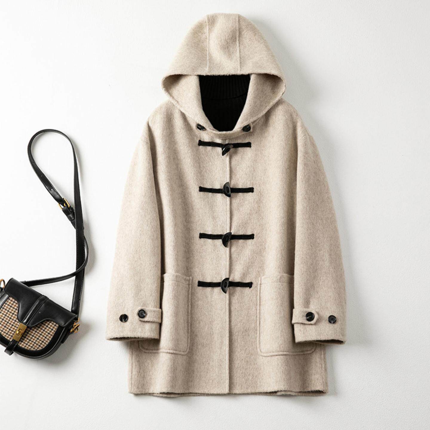 普洛克正品 中长款毛呢外套小个子新款红色呢子大衣女秋冬高级感