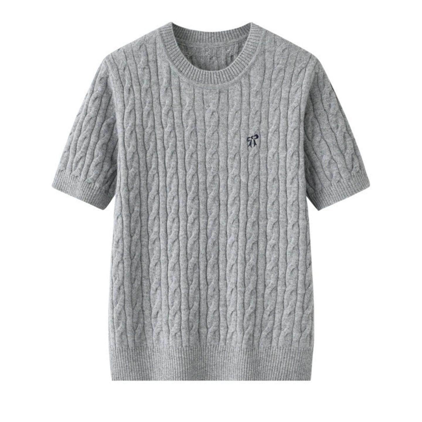 普洛克正品 薄款圆领针织羊绒衫短袖刺绣麻花显瘦洋气羊绒半袖女