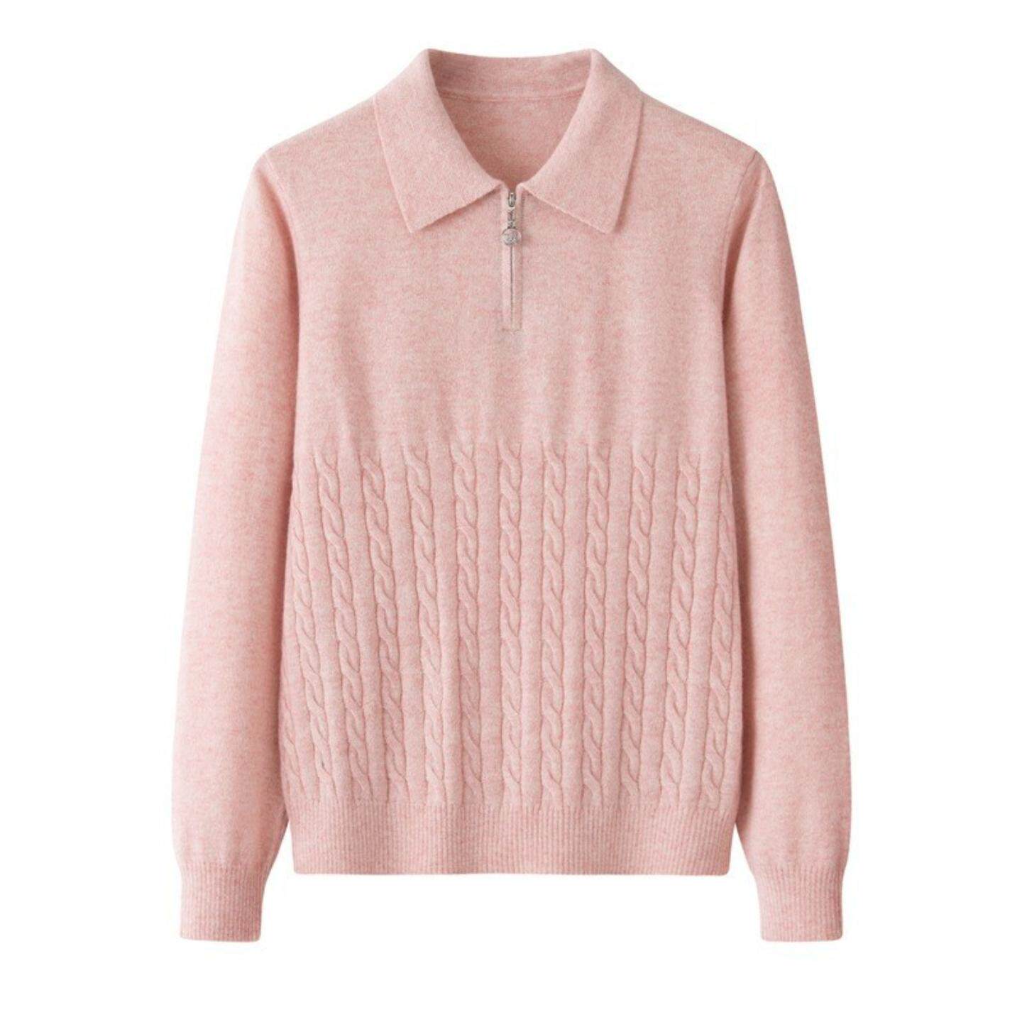 普洛克正品 冬山羊绒女翻领拉链麻花针织色保暖百搭套头休闲毛衣