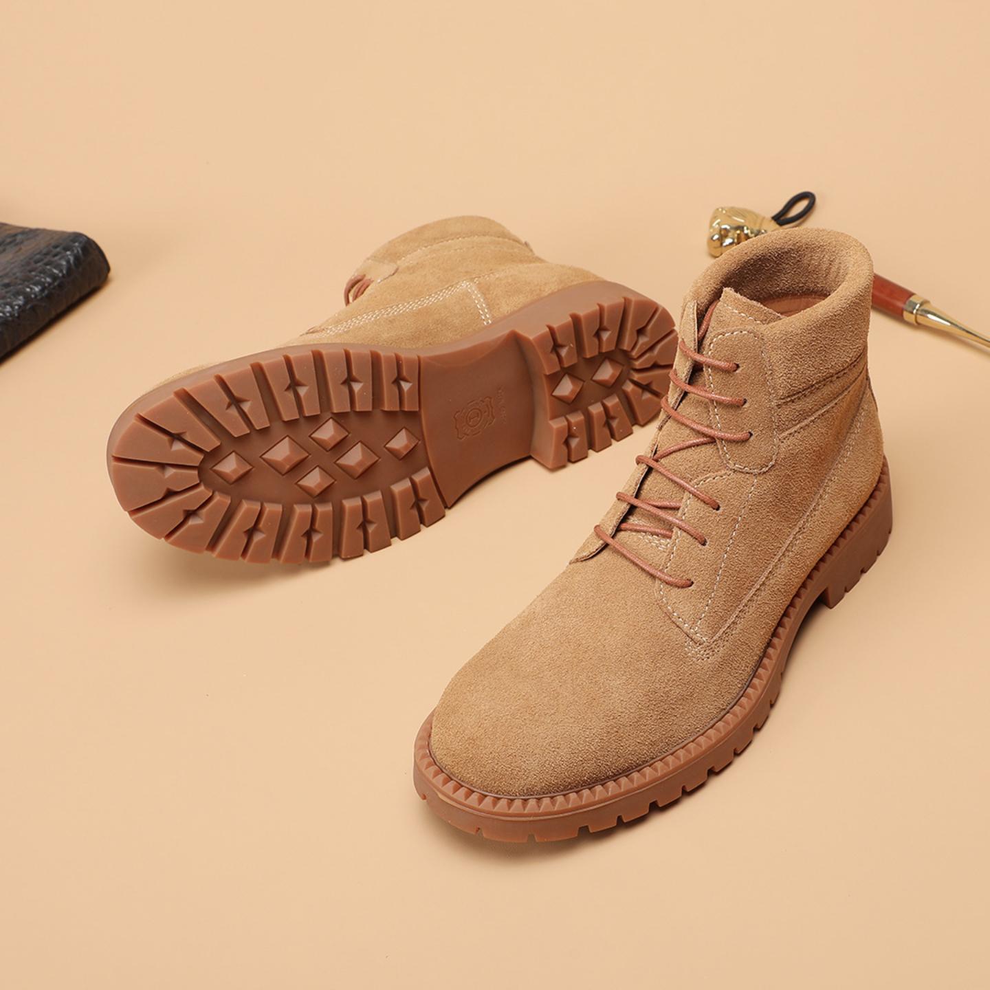 普洛克正品 工装靴厚底翻毛皮马丁靴男真皮中帮短靴增高大黄靴子