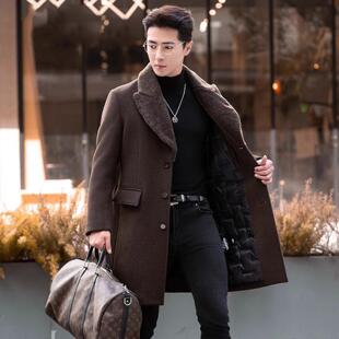 普洛克正品 手工羊毛双面呢子大衣加绒加厚中长羊羔毛领外套 男装