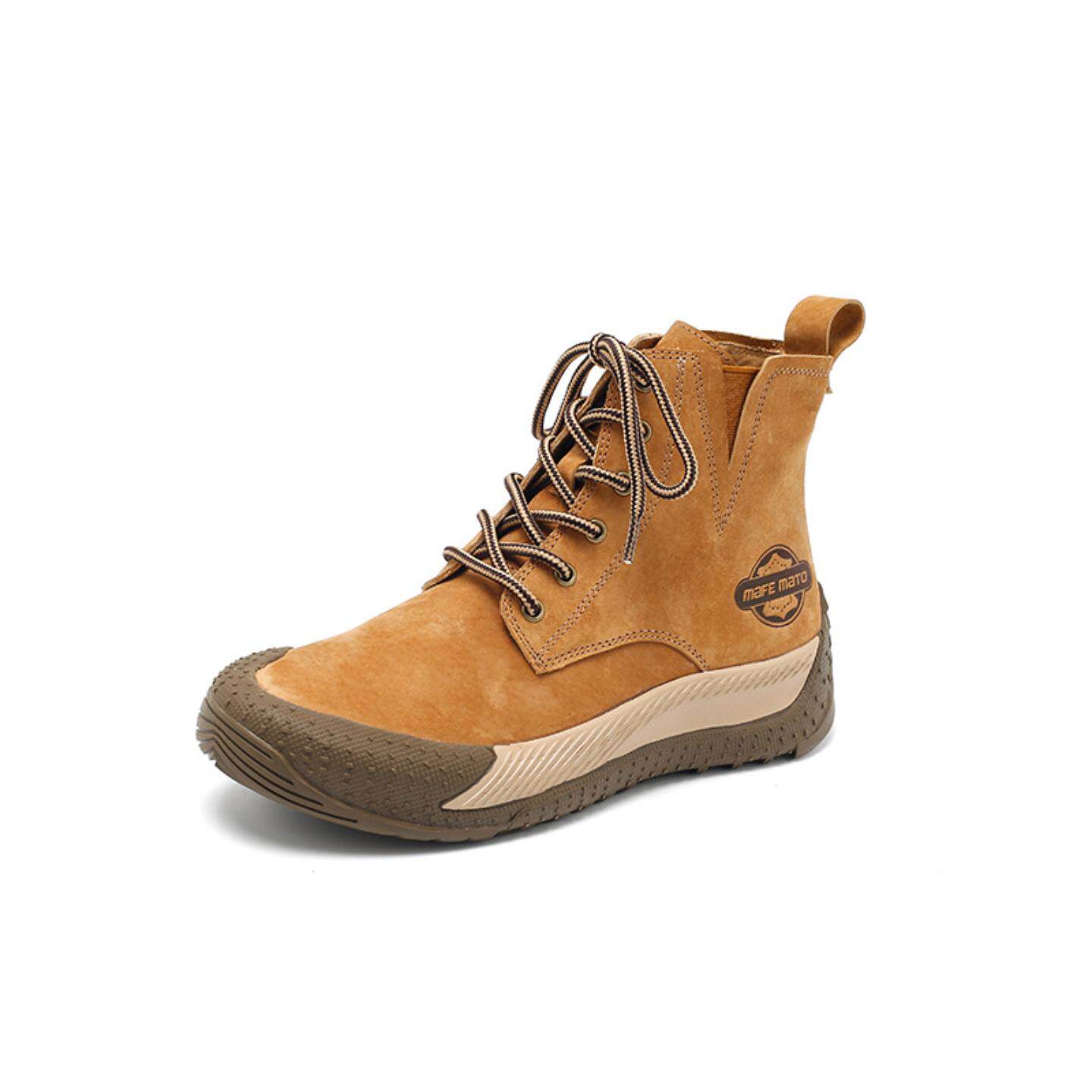 普洛克正品 真皮马丁靴女头层牛皮平底大黄靴户外高帮工装鞋女短