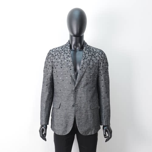 普洛克正品 亚麻男西服春夏秋时尚刺绣西装上衣便西两粒扣薄外套