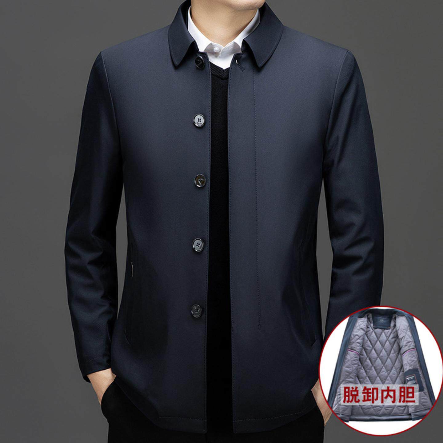 普洛克正品 商务休闲呢外套男秋冬加厚羽绒内胆大衣中老年毛夹克