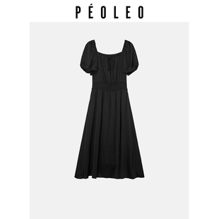 复古收腰气质泡泡袖 飘蕾黑色方领连衣裙夏法式 长裙 3件9折