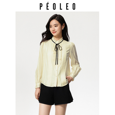 飘蕾花瓣领蝴蝶结系绳衬衫女冬季通勤职场内搭长袖