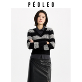 3件95折 修身 飘蕾长袖 冬季 打底通勤 黑灰条纹撞色针织衫