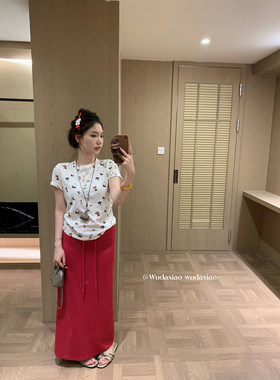 （吴大笑）夏日游园～舒适松弛感吸睛洋气百搭抽绳高腰半身长裙