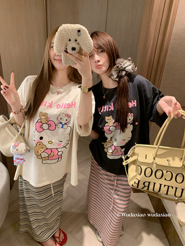 （吴大笑）猫咪奇遇记～2026韩版宽松休闲无感直喷印花纯棉短袖T