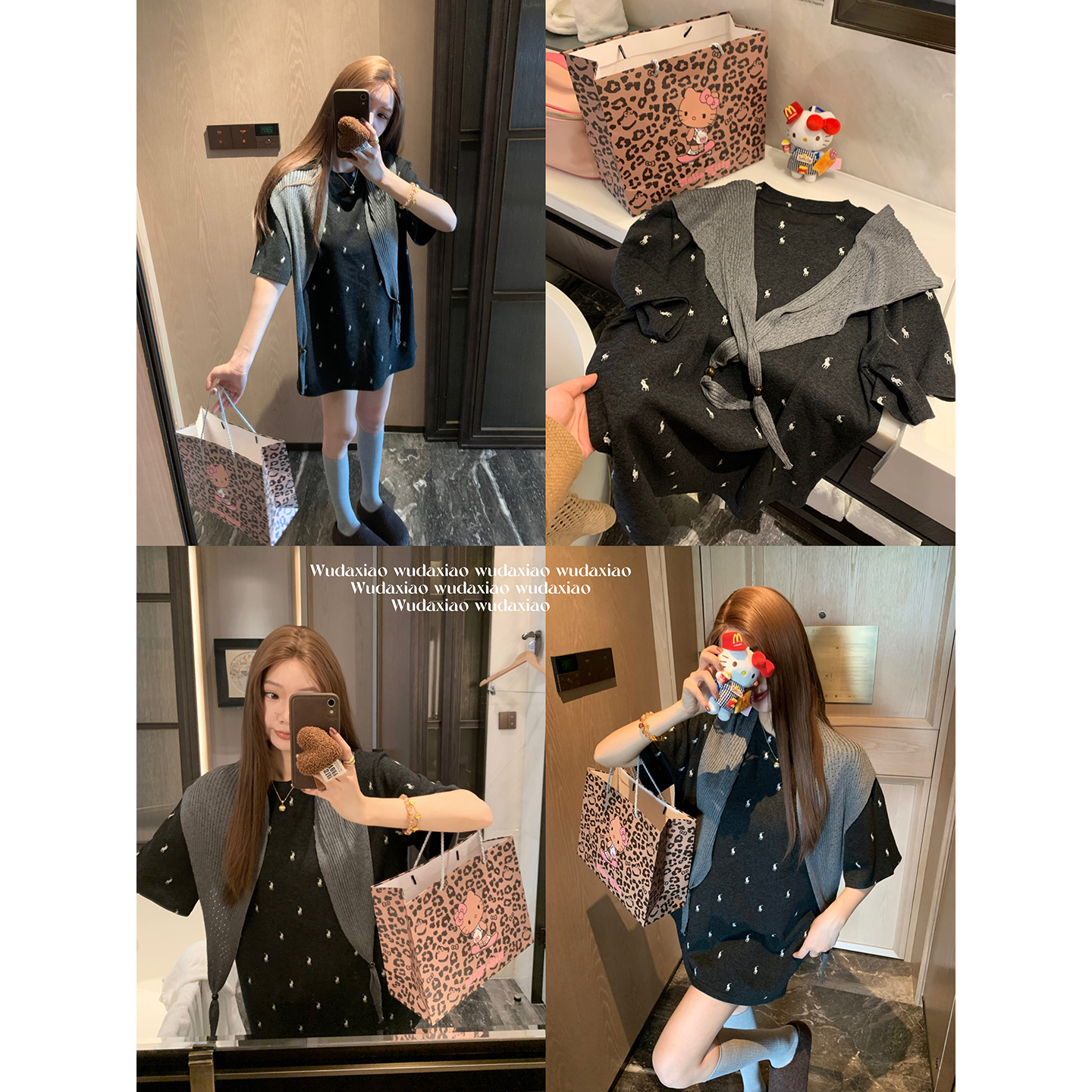 （吴大笑）黑夜精灵～可甜可盐显瘦百搭圆领刺绣短袖+披肩围巾