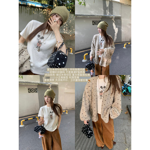 （吴大笑）米奇乐园～减龄可爱好质感百搭软糯针织复古印花短袖女