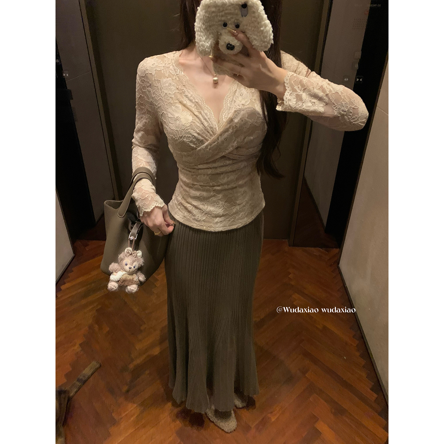 （吴大笑）雨落青墨～嗲嗲温柔纯欲风交叉设计感加绒蕾丝显瘦打底