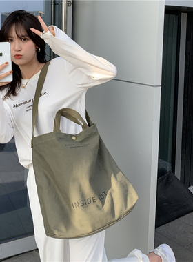 泉释男女帆布大包大容量简约日系复古休闲单肩手提斜跨通勤购物袋