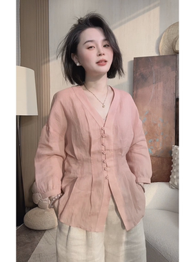 奕奕推荐 “夏布” 100%苎麻高级感减龄气质掐腰开衫女百搭衬衫