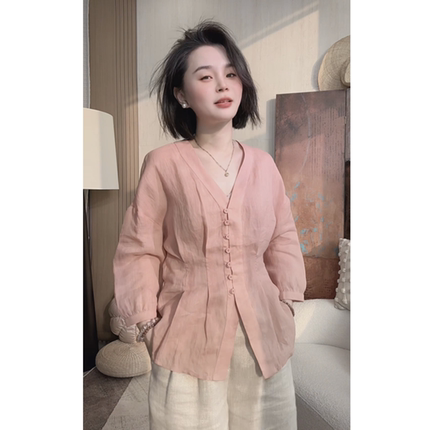 奕奕推荐 “夏布” 100%苎麻高级感减龄气质掐腰开衫女百搭衬衫