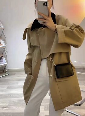 设计感小众翻领撞色风衣外套