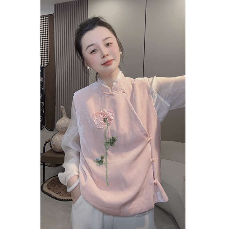 奕奕推荐《花开富贵》真丝丝绒手工刺绣粉牡丹立领马甲女