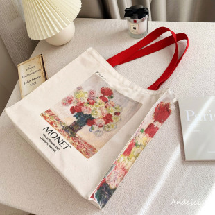 ANDCICI 莫奈FLOWER油画拉链帆布包购物通勤上班上学单肩手提包