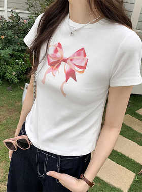 女正肩修身新款短袖T恤白色夏季Jennie同款上衣蝴蝶结辣妹圆领T恤