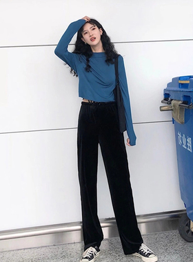 文文婷MOWENTI秋冬款韩版丝绒阔腿裤女宽松高腰垂感显瘦休闲长裤