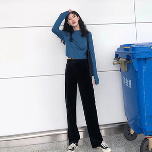 女宽松高腰垂感显瘦休闲长裤 丝绒阔腿裤 韩版 文文婷MOWENTI秋冬款