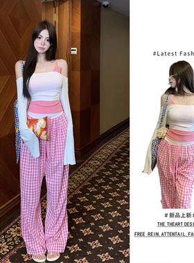 黑白格子慵懒风棉麻阔腿裤女夏季新款小个子高腰直筒休闲拖地长裤