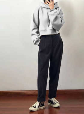 短款连帽灰色卫衣女秋冬2024新款爆款慵懒风套头宽松小众长袖上衣