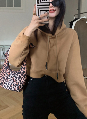 慵懒风短款加绒连帽卫衣女2025秋冬美式设计感复古长袖上衣潮ins