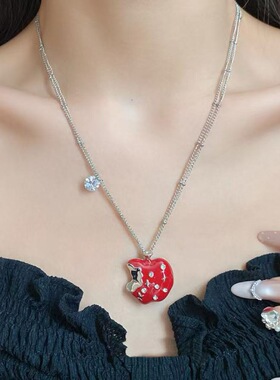 甜美辣妹锆石星星滴油红苹果双层项链女小众设计感红色毛衣链配饰