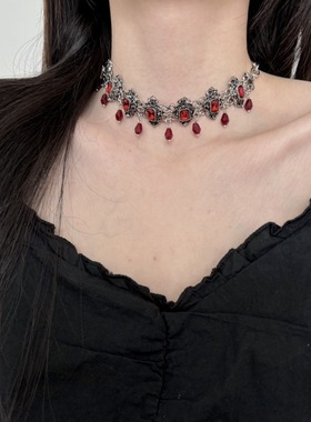 法式复古红色水晶水滴项链女时尚甜酷设计感锁骨链choker气质颈链