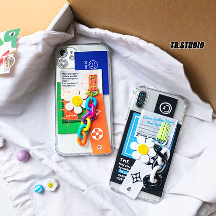 TR透明防摔苹果13pro1112手机壳太阳花笑脸链条吊饰潮牌安卓机