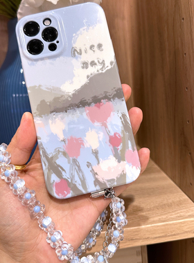 TRstudio花朵少女心花花珠珠手机链光面菲林手机壳硬壳手拿手机链适用于iphone1415pro13仙女气质少女感