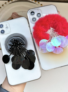TRstudio毛毛手作亮片手机壳气囊支架串珠可爱女孩适用于iphone12