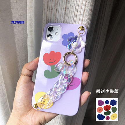 TR炫彩链条糖果色桃心苹果13pro11安卓华为手机壳小花贴纸香芋紫