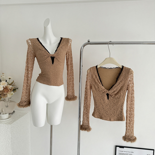 网红Jqwention同款 蕾丝拼接棕色毛毛袖口性感纯欲上衣打底针织衫