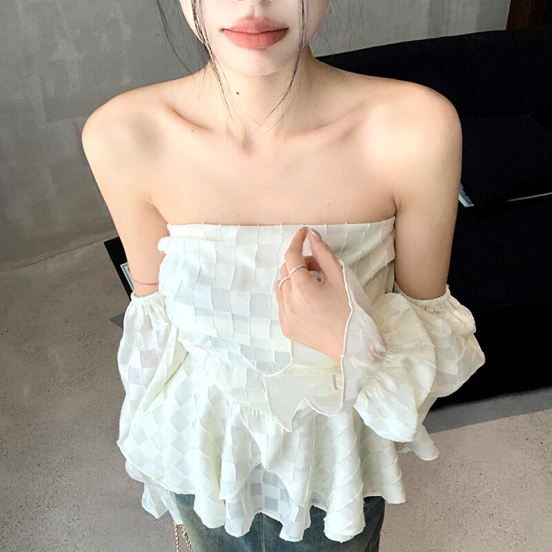 设计纯欲辣妹一字肩抹胸上衣法式高端露肩衬衫女夏季小众短款衬衫