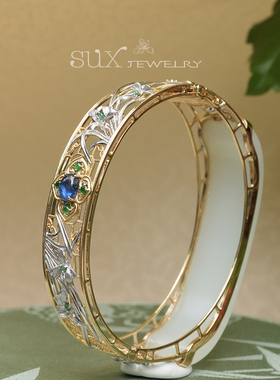 空谷幽兰。和田玉 细工镶嵌18k金 古风手镯