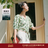 水云间绿色碎花短款 上衣天丝女莱赛尔掐腰短袖 夏日氛围繁花意趣风