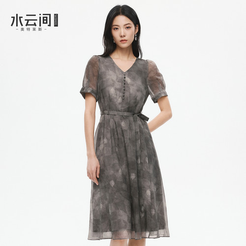 水云间灰色v领收腰连衣裙女a字中长纱裙子小个子柔系职场知性风夏