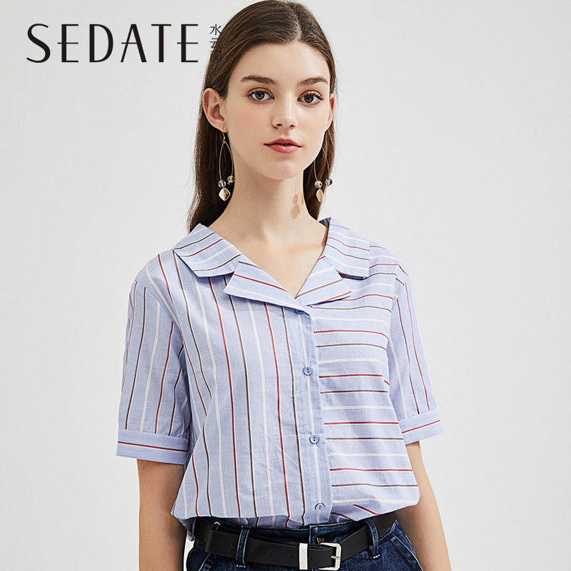 水云间V领彩条纹衬衫2020夏季新款宽松显瘦衬衣设计感小众女装