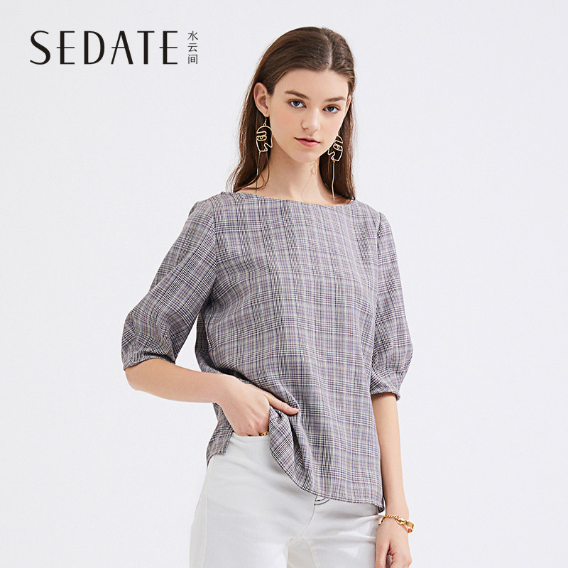水云间彩格子T恤2020夏季新款宽松显瘦体恤套头上衣女装开叉短袖