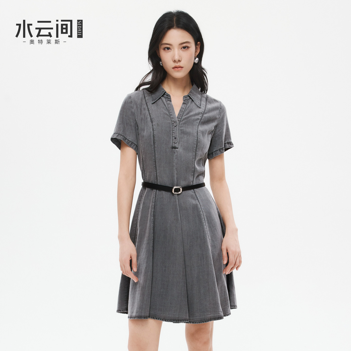 水云间黑色水洗做旧牛仔连衣裙女polo领收腰裙子再生纤维2026新款