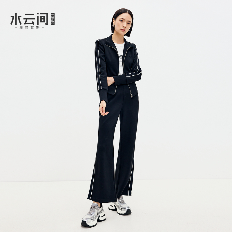 水云间黑色卫衣卫裤运动套装女立领长袖短款外套宽松阔腿裤2025春