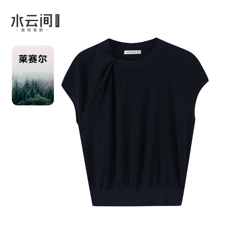 水云间藏青色包袖毛针织衫女扭结设计感短袖上衣宽松显瘦2026新款